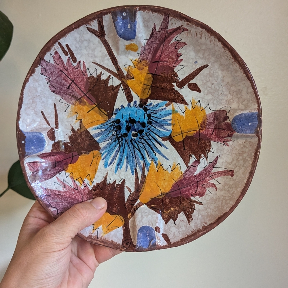 Italian ceramic ashtray trinket bowl blue thistle